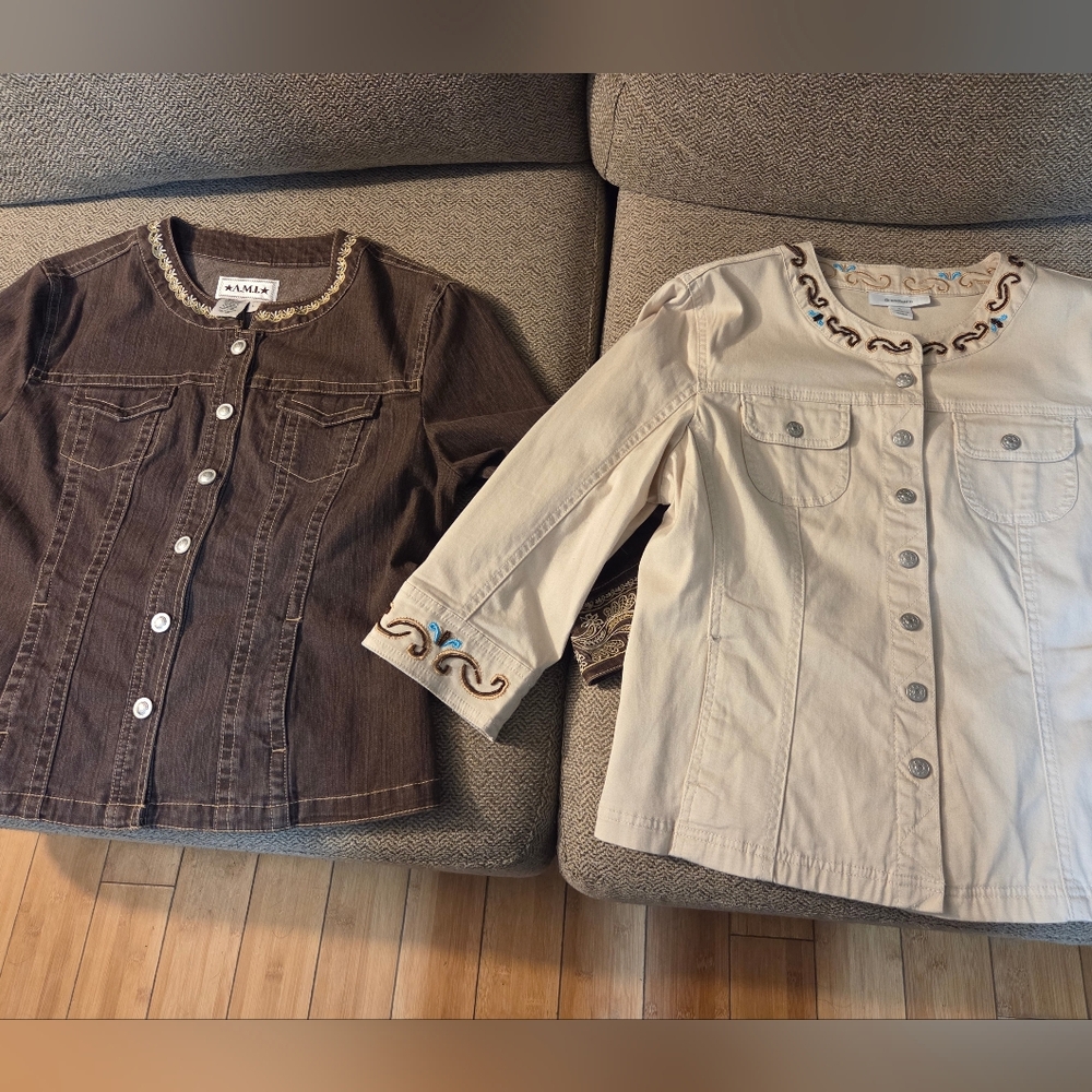 Embroidered Button-Up Jackets in Brown and Cream